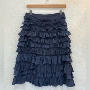 Anthropologie Navy Tiered Ruffle Skirt with Pink Green Stitching Size 4
